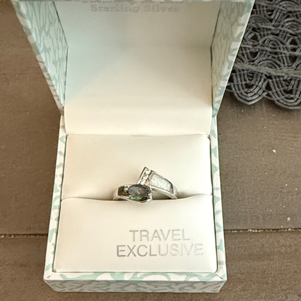 Tesori Silver Ring with Deep Green Topaz Gem with Opal Accent